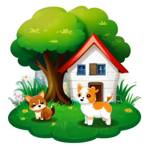 There is a house on the grass and there are animals around. - icon | sticker