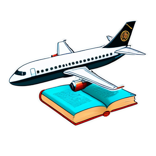 an airplane flying around a book, background black - icon | sticker