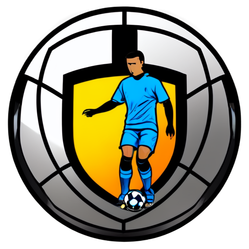 logo in simple shapes with a black outline of a football club. Soccer ball, football player, boots, field, gate - icon | sticker