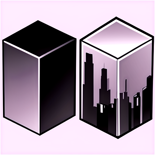 Minimalistic scene with 3 solid prisms representing buildings. The prisms should be monochromatic B&W, no lights, no shadows, no textures, flat geometric shapes. No background or sky - icon | sticker