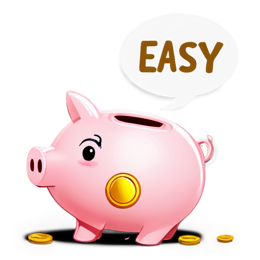 A bubble popped out of a piggy bank, containing the English word 'easy' and gold coins on the ground - icon | sticker