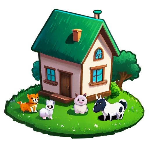 There is a house on the grass and there are animals around. - icon | sticker