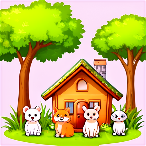 There is a house on the grass and there are animals around. - icon | sticker