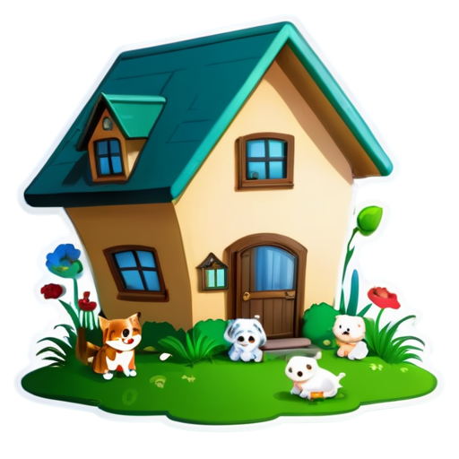 There is a house on the grass and there are animals around. - icon | sticker