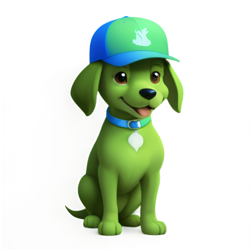 Happy blue and green dog with a cap with the inscription "————-" - icon | sticker