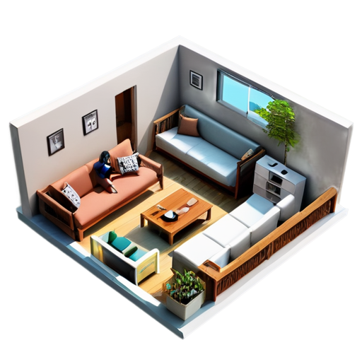 floor plan divided into sectors, one with a table and a person working, a balcony with a person meditating on a futon, a living room with people sitting on the sofa chatting - icon | sticker