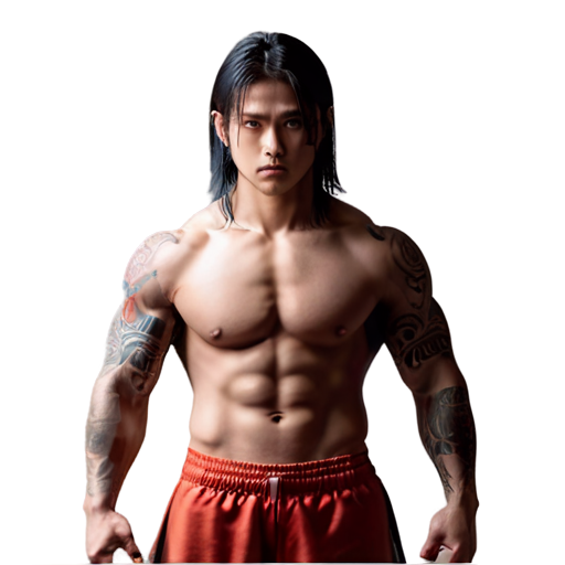 Young man with long hair and tribal tattoos., 18 years old, 1.85 meters tall, shirtless, strong muscles, ready to attack in the fighting arena, eyes firm and lethal - icon | sticker