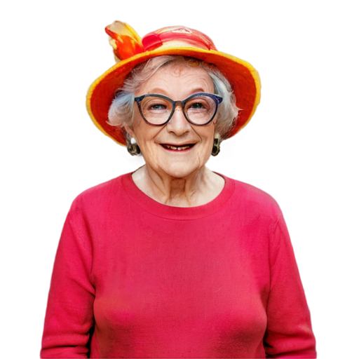 Elderly woman in bright cheerful fashionable clothes and glasses and a festive hat - icon | sticker