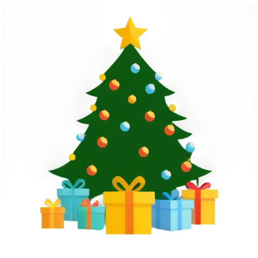 New Year tree decorated with balls and garlands. gifts under the tree. fireworks behind the tree - icon | sticker