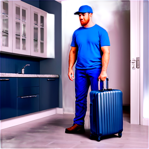 Plumber with a suitcase in the house. Image in blue tones. Realistic - icon | sticker