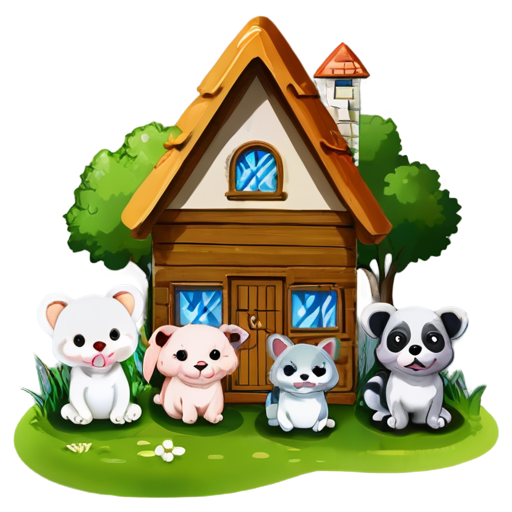 There is a house on the grass and there are animals around. - icon | sticker