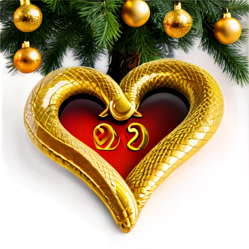 golden snake coiled in the shape of a heart against the background of a Christmas tree with gifts 2025 - icon | sticker