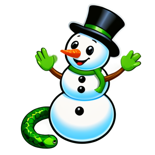 A cute green snake play with the snowman - icon | sticker