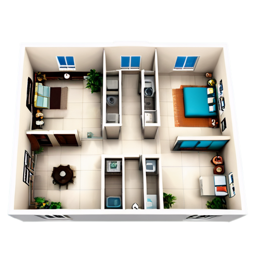 floor plan showing apartment with 5 rooms, a balcony with a swinging hammock, a living room with people chatting on the sofa, an office with a person working, a bedroom with a person lying in bed, a kitchen with a person cooking - icon | sticker