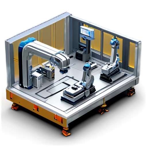 The image shows a modern 3D industrial platform with an automated assembly line. Robotic arms work along a conveyor belt, handling and assembling components. A large central machine with an enclosure seems to perform quality checks. Small robotic carts with mechanical arms transport parts around. The color scheme is sleek, with light blue, white, and gray tones, giving it a clean, high-tech feel. - icon | sticker