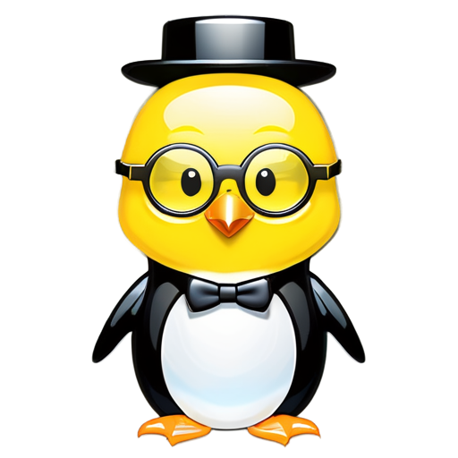 An adult daring penguin psychologist, male, in round glasses, in black and white colors with elements of yellow on the abdomen, in a top hat, in the style of vector graphics - icon | sticker