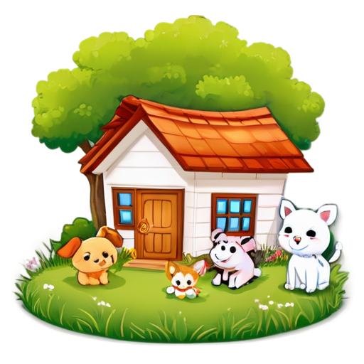 There is a house on the grass and there are animals around. - icon | sticker