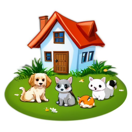 There is a house on the grass and there are animals around. - icon | sticker