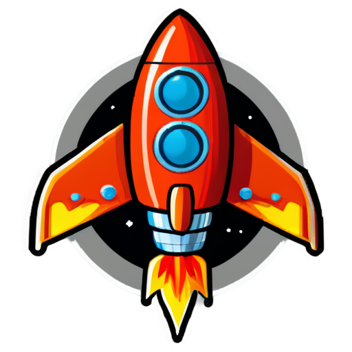 a small red space rocket with orange wings and one large round porthole in it 8 bit style - icon | sticker