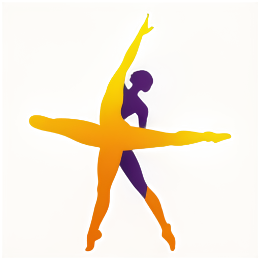 "Create a minimalist icon for a dance studio. The icon should feature a dynamic silhouette of a dancer in motion combined with flowing lines to symbolize grace and energy. Use a modern gradient color palette transitioning from deep purple to vibrant red to orange." - icon | sticker