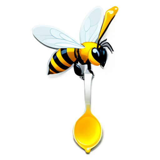 a bee dripping with honey is climbing up an antique spoon. It is on a black background and viewed from above. The light is coming from the right hand side - icon | sticker