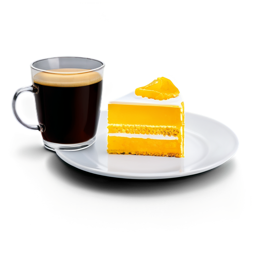 cake on a plate and coffee in a glass next to the plate in yellow-orange colors - icon | sticker