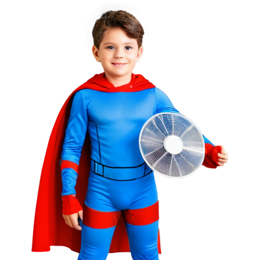 A boy in super hero outfit holding real life fans used to reduce heat going to save the world. - icon | sticker