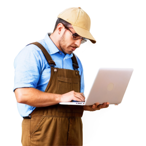 Minion farmer dressed in brown khaki overhauls - talking on the laptop to a engineer that is planning his farm - icon | sticker