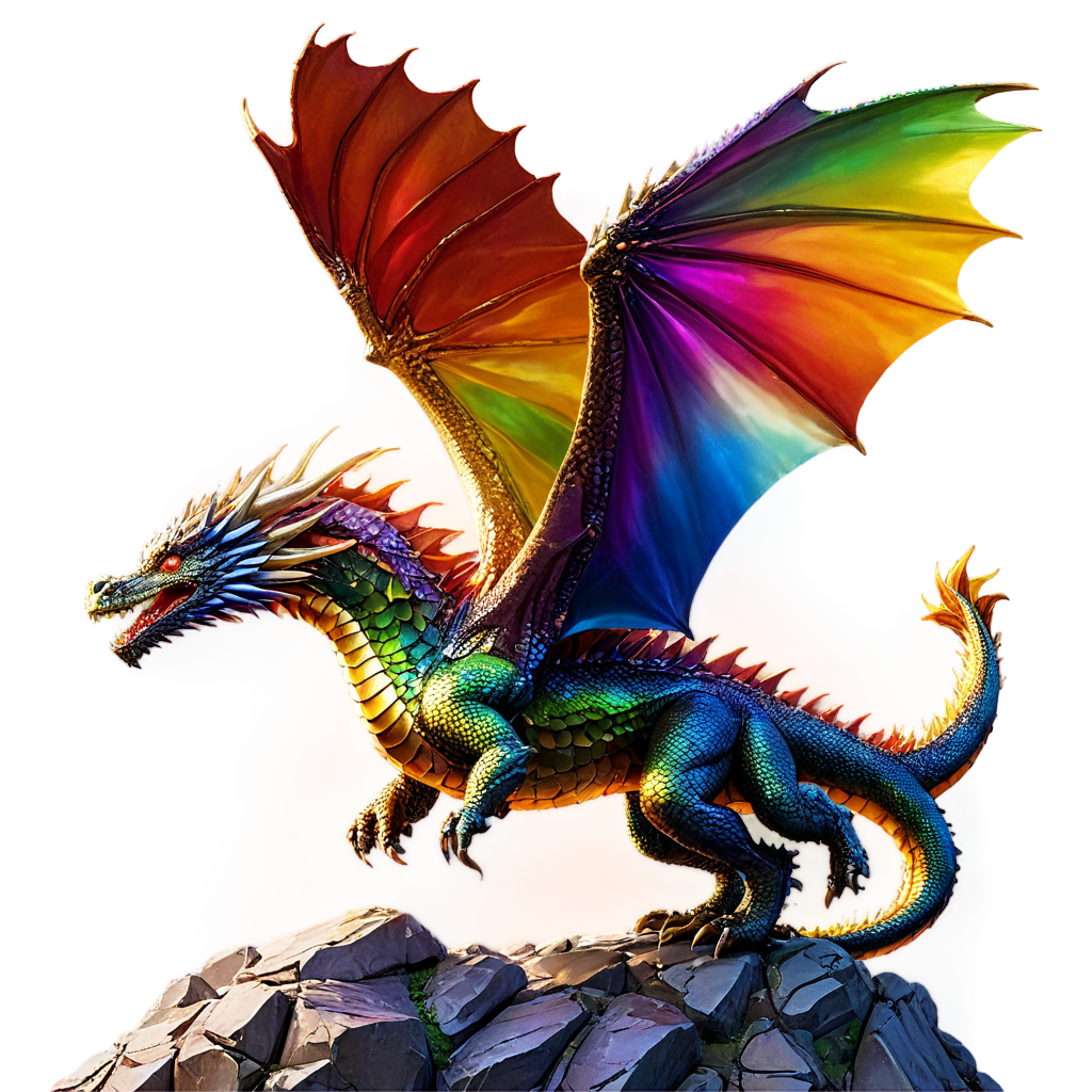 a majestic dragon soaring over a mountainous landscape, its wings made of transparent, glass-like material that refracts sunlight into a dazzling array of rainbow colors. The dragon’s shimmering scales reflect the golden light of the setting sun, while its enormous glass wings throw vibrant, multicolored shadows on the mountains below - icon | sticker