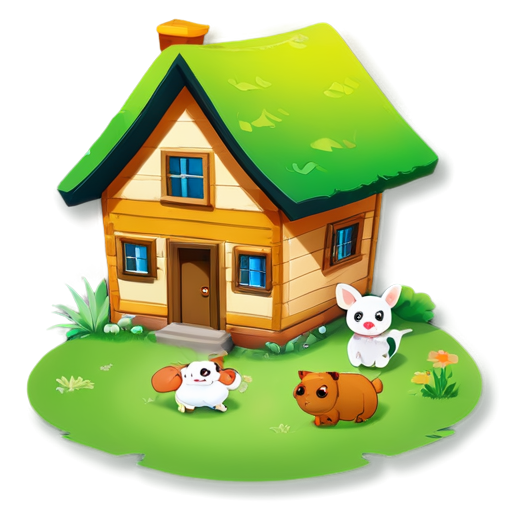 There is a house on the grass and there are animals around. - icon | sticker