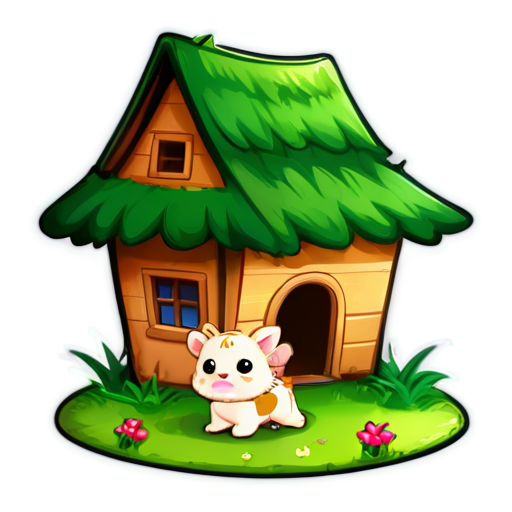 There is a house on the grass and there are animals around. - icon | sticker