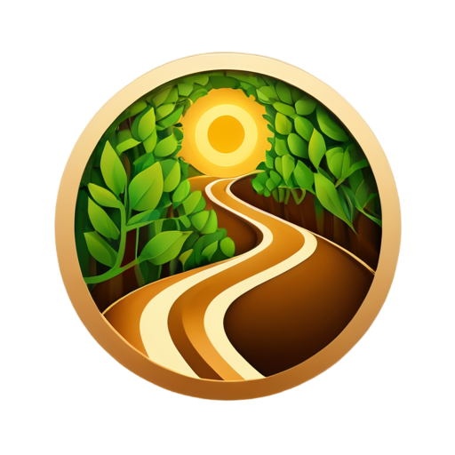 An icon for the BEO cryptocurrency, symbolizing a path and development. Imagine a winding trail leading to a sun or horizon, surrounded by leaves. The colors include brown and sandy tones for the path and green for the environment. The design elements convey movement and sustainability." - icon | sticker