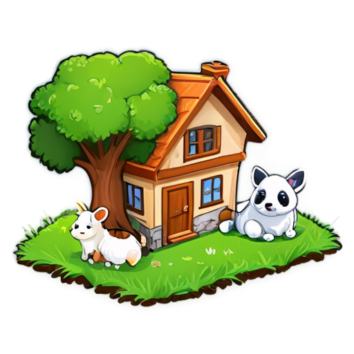 There is a house on the grass and there are animals around. - icon | sticker