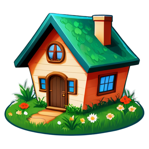 There is a house on the grass and there are animals around. - icon | sticker