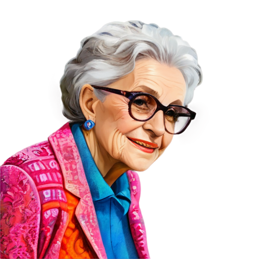 An elderly woman in bright fashionable clothes and glasses - icon | sticker