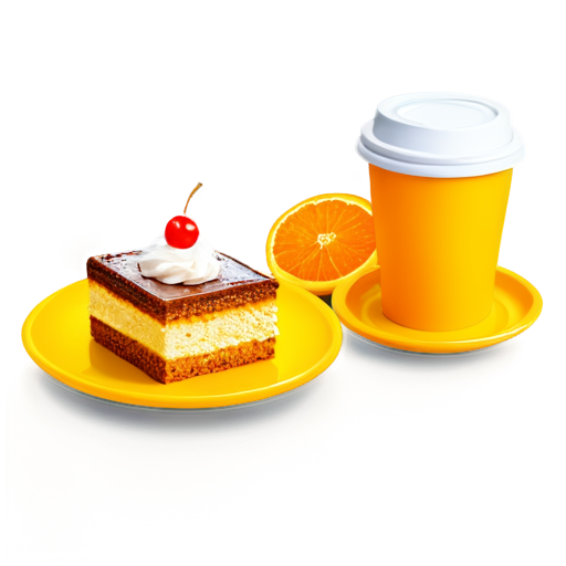 coffee to go and cake on a plate in yellow-orange colors - icon | sticker