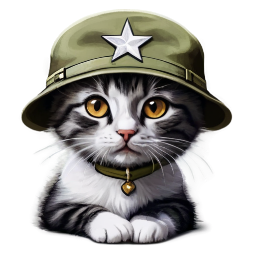 Mad girl kitten with brown eyes in army generals uniform and hat with generals star cartoon - icon | sticker