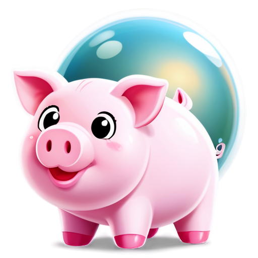 A piggy bank popped up with a bubble containing the English word 'easy' - icon | sticker