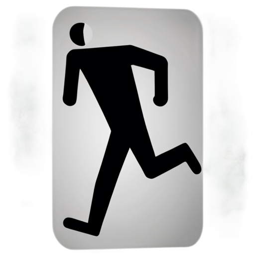 Create an image of a pictogram sign symbolizing an exit or evacuation. On a light background, depict a stylized figure of a person running to the right. The figure should be in a dark color and consist of simple geometric shapes: a round head and angular body with limbs. The person should appear in motion, with arms and legs bent at the elbows and knees, creating a sense of dynamism. Surround the figure with a dark-colored square frame, open on the left side, through which the figure appears to be running out. This sign is often used to indicate an emergency exit. - icon | sticker