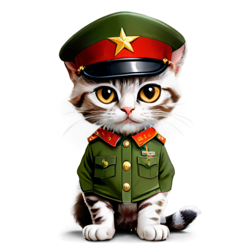 Angry kitten with brown eyes hands on hips in army generals uniform and hat with generals star cartoon - icon | sticker