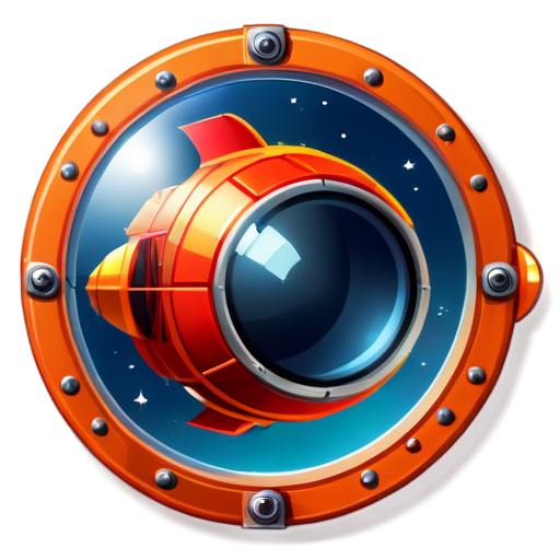 a small space rocket with a bright red body and orange wings and one large round porthole , pixel style - icon | sticker