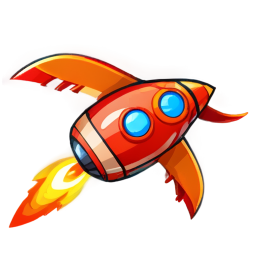 a small space rocket with a bright red body and orange wings and one large round porthole , 8 bit style - icon | sticker