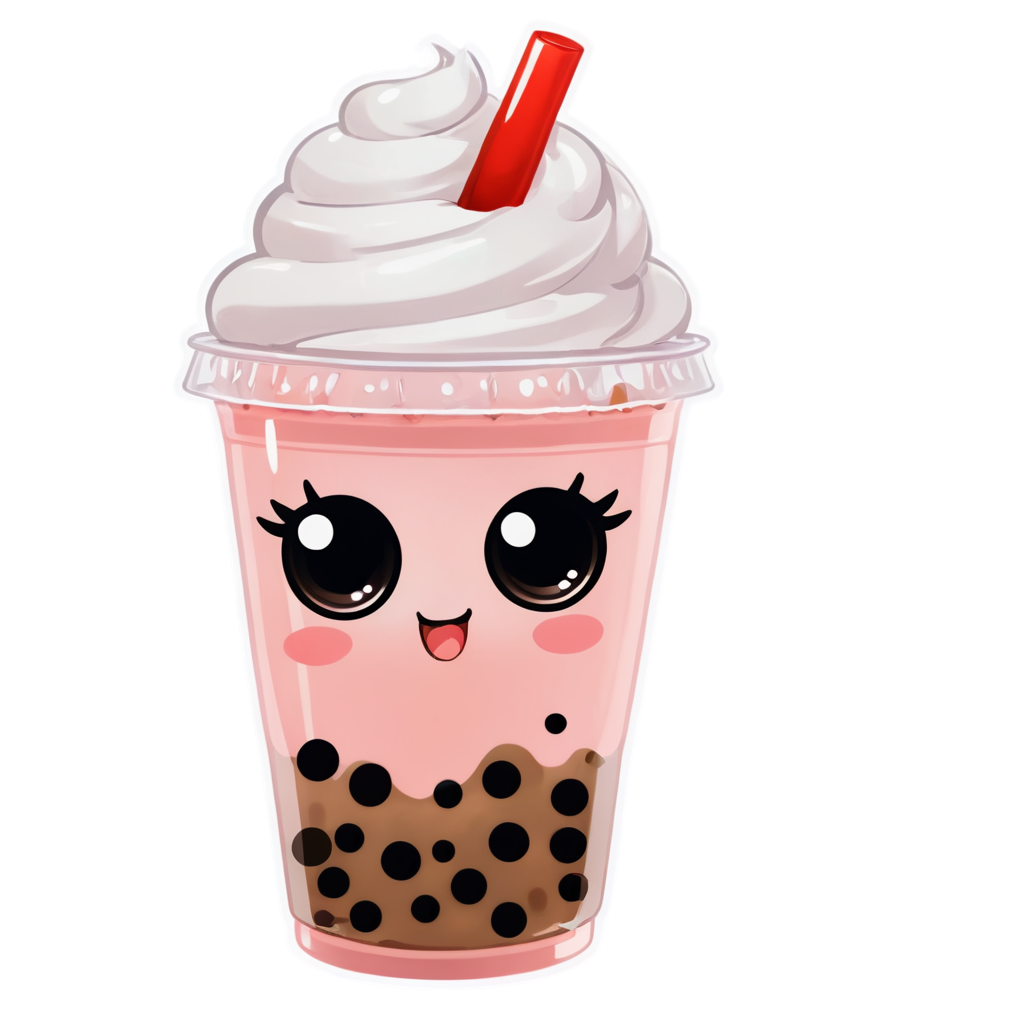 bubble tea,big kawaii anime eyes, blush stickers, cherry, :3, bubble tea, whipped cream on top, blurry, solo, moon, rainbow,glitter on top - icon | sticker