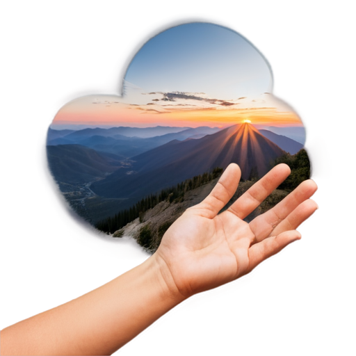 A hand reaches out towards the distant mountains and clouds at sunrise, with a nascent sun in the top right corner. - icon | sticker