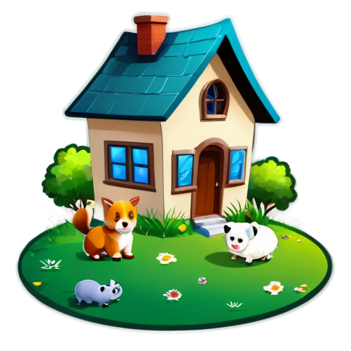 There is a house on the grass and there are animals around. - icon | sticker