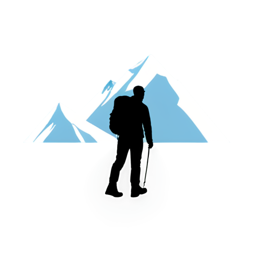 far great mountain peaks in background, lower himalayan glacier walley, minimalism, man with backpack hikes up to the mountain top along mountain shape - icon | sticker