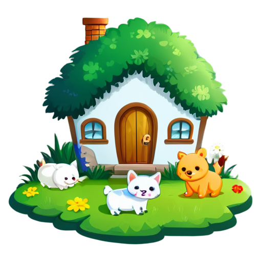 There is a house on the grass and there are animals around. - icon | sticker