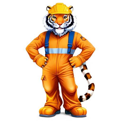 The mascot of the Two Floors construction company is a tiger in a construction helmet and construction overalls. Humanized and muscular! The helmet on the tiger is orange. - icon | sticker