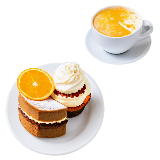 coffee to go and cake on a plate in yellow-orange colors - icon | sticker