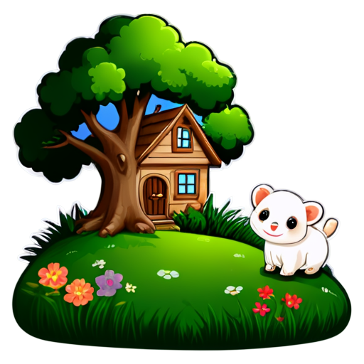 There is a house on the grass and there are animals around. - icon | sticker